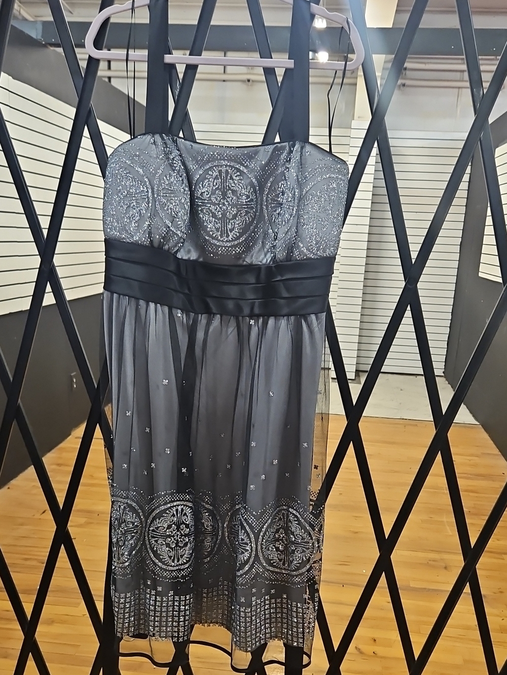 R&M Richards Strapless Black and Silver Embellished Cocktail Dress